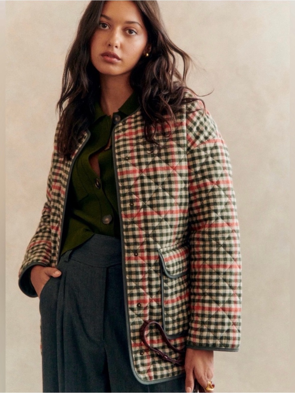 Sezane Feral Jacket, Plaid Quilted Jacket in Green and Red - Women's Coat